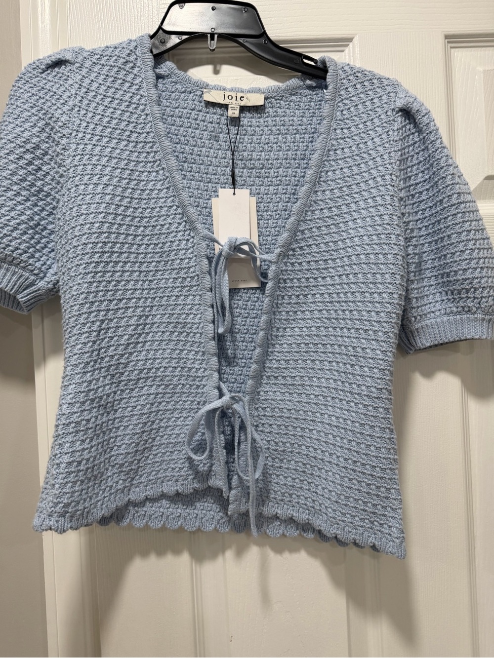 Joie Light Blue Waffle Knit Tie-Front Short Sleeve Cardigan